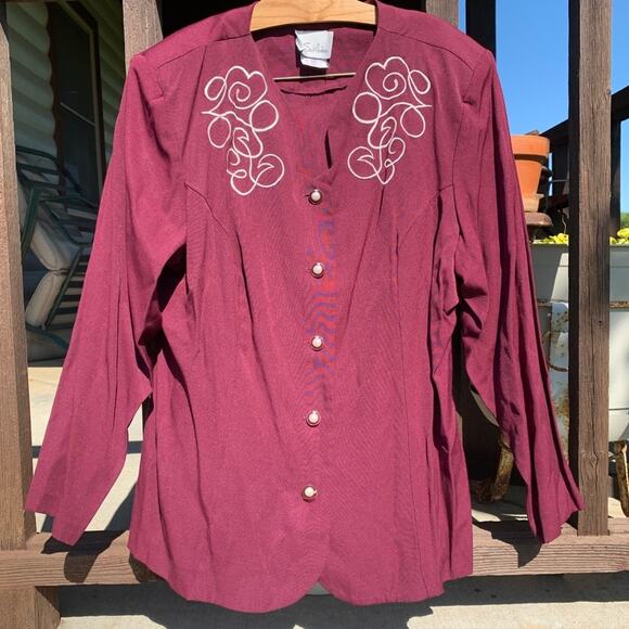 Vintage maroon floral embroidered button down church blouse 20W PLUS SIZE - Picture 1 of 5